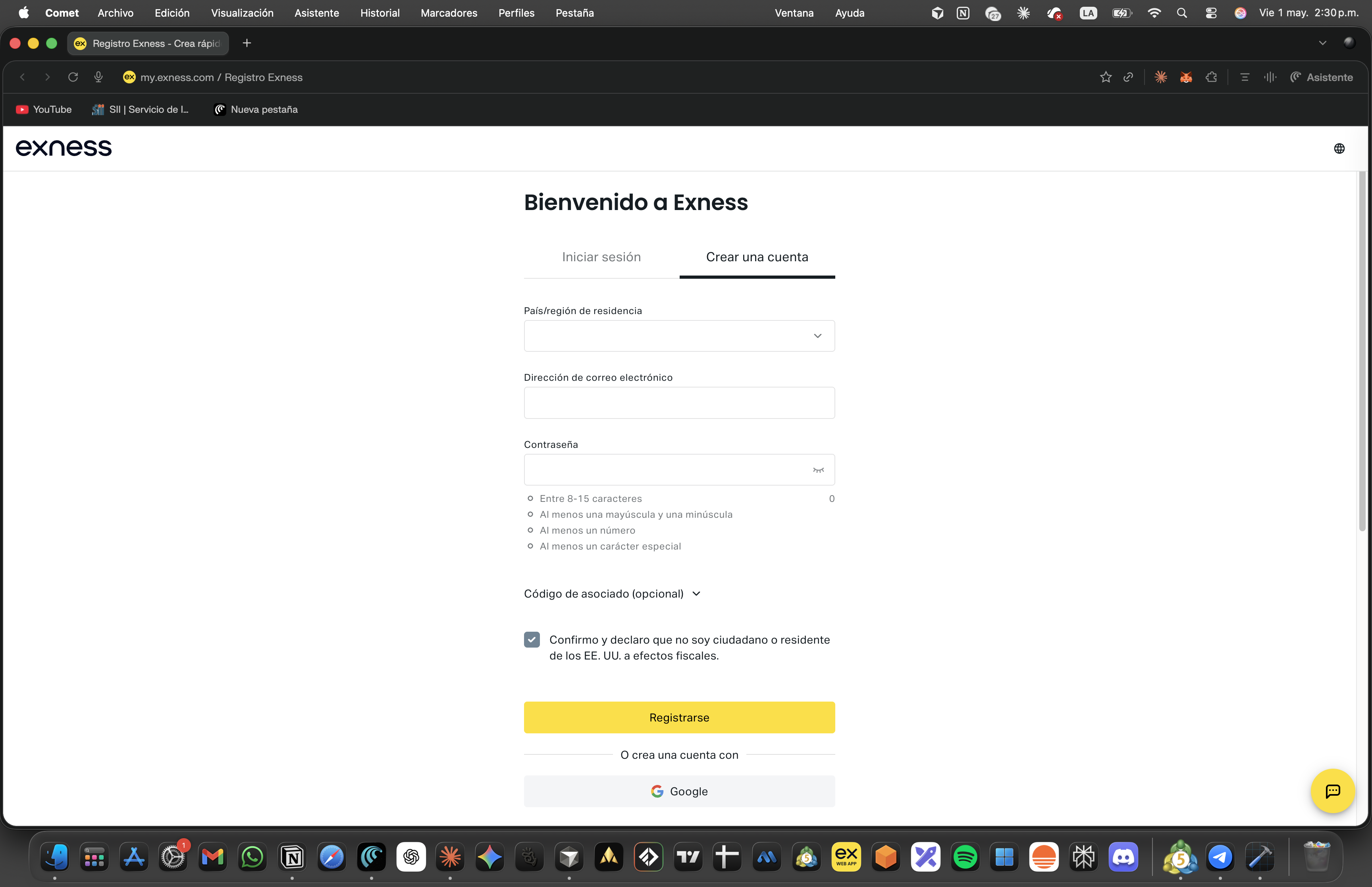 Página principal de Exness al abrir el link de referido