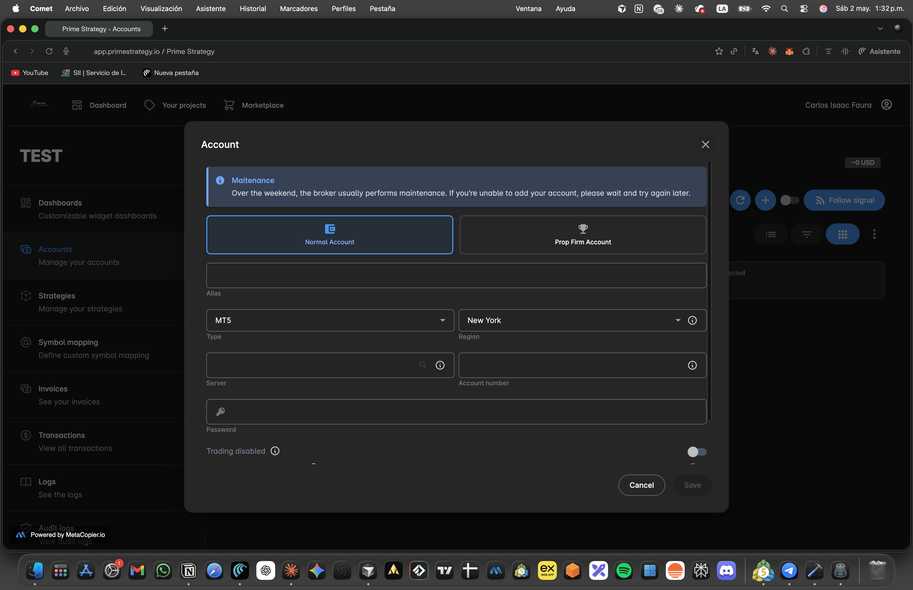 Modal Account con todos los campos