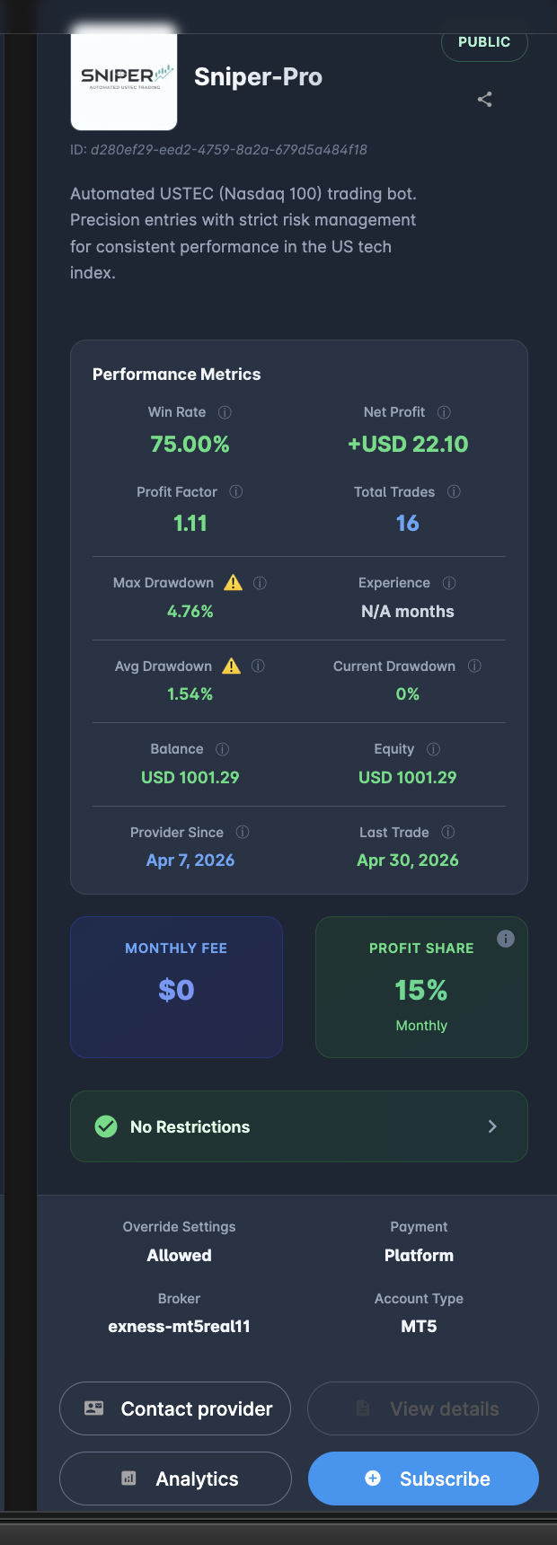 Tarjeta de Sniper-Pro en el Marketplace